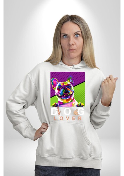 Köpek Aşığı Rengarenk Köpek Kadın Erkek Baskılı Üç Iplik Beyaz Kapüşonlu Hodie Sweatshirt fiyatları