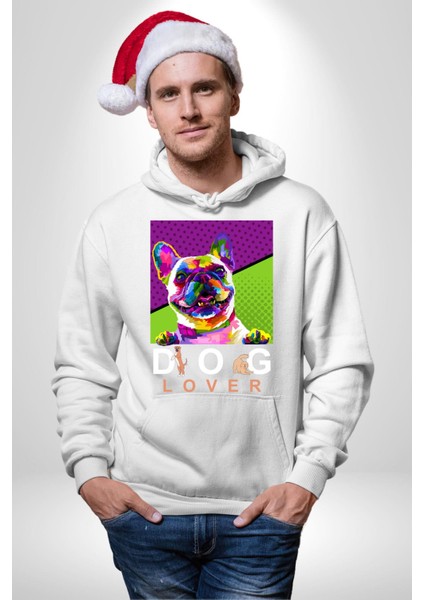 Köpek Aşığı Rengarenk Köpek Kadın Erkek Baskılı Üç Iplik Beyaz Kapüşonlu Hodie Sweatshirt modelleri