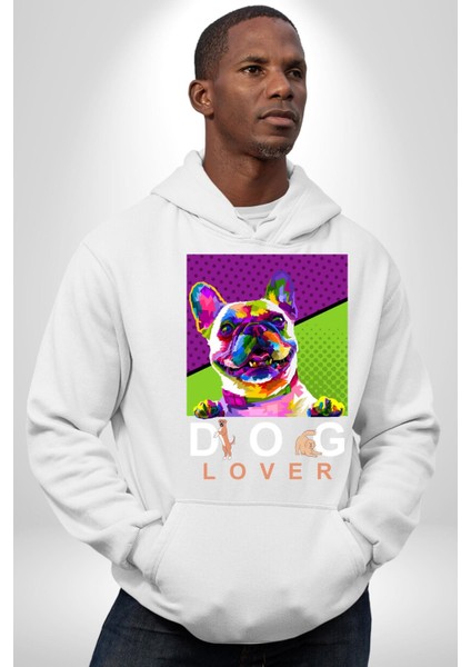 Köpek Aşığı Rengarenk Köpek Kadın Erkek Baskılı Üç Iplik Beyaz Kapüşonlu Hodie Sweatshirt indirimleri