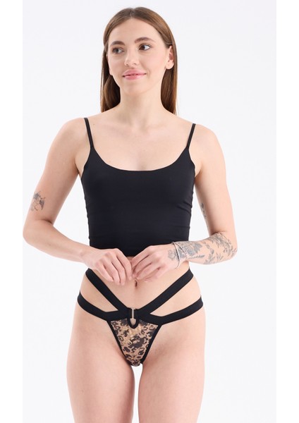 Bel Kısmı Detaylı Dantelli Puantiyeli Tanga Külot Siyah-Leoparlı-Kırmızı-Zebra