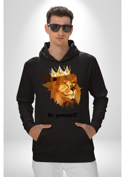 Kendin Ol Taçlı Aslan Cimbom Kadın Erkek Baskılı Üç Iplik Siyah Kapüşonlu Hodie Sweatshirt modelleri