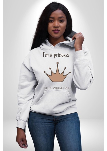 Ben Prensesim Prenses Tacı Kadın Erkek Baskılı Üç Iplik Beyaz Kapüşonlu Hodie Sweatshirt