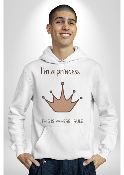 Ben Prensesim Prenses Tacı Kadın Erkek Baskılı Üç Iplik Beyaz Kapüşonlu Hodie Sweatshirt fırsatları