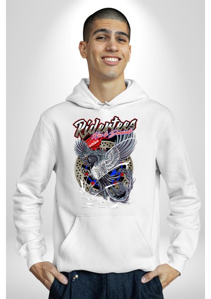 Yollara Hakimiyet Kurmak Amerikan Kartal Kadın Erkek Baskılı Üç Iplik Beyaz Kapüşonlu Hodie Sweatshirt