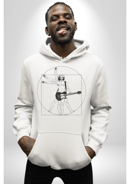 Vitruvius Adamı Gitarist Kadın Erkek Baskılı Üç Iplik Beyaz Kapüşonlu Hodie Sweatshirt