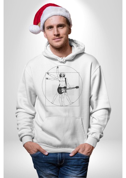 Vitruvius Adamı Gitarist Kadın Erkek Baskılı Üç Iplik Beyaz Kapüşonlu Hodie Sweatshirt modelleri