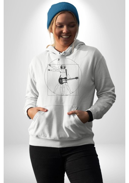 Vitruvius Adamı Gitarist Kadın Erkek Baskılı Üç Iplik Beyaz Kapüşonlu Hodie Sweatshirt fırsatları