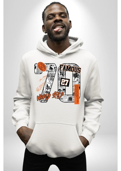 Yetmişler Dünya Sokak Tarzı Kadın Erkek Baskılı Üç Iplik Beyaz Kapüşonlu Hodie Sweatshirt