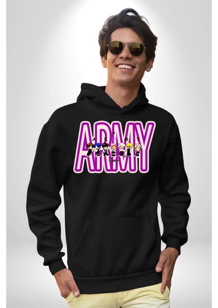 Bts Army Fan Tasarım Kadın Erkek Baskılı Üç Iplik Siyah Kapüşonlu Hodie Sweatshirt