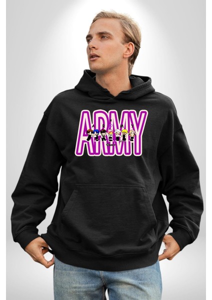 Bts Army Fan Tasarım Kadın Erkek Baskılı Üç Iplik Siyah Kapüşonlu Hodie Sweatshirt modelleri