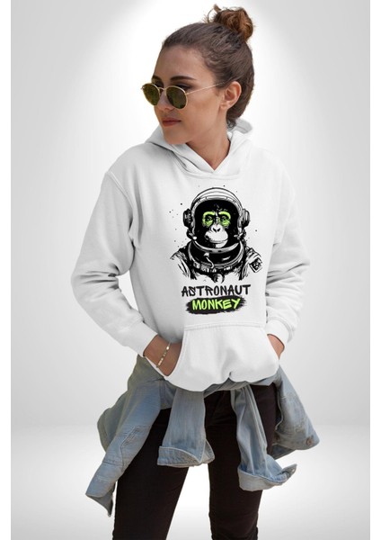 Astronot Maymun Uzay Avcısı Kadın Erkek Baskılı Üç Iplik Beyaz Kapüşonlu Hodie Sweatshirt fiyatları