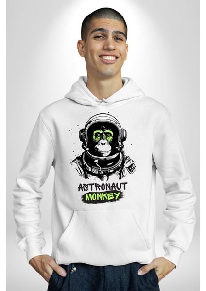 Astronot Maymun Uzay Avcısı Kadın Erkek Baskılı Üç Iplik Beyaz Kapüşonlu Hodie Sweatshirt fırsatları