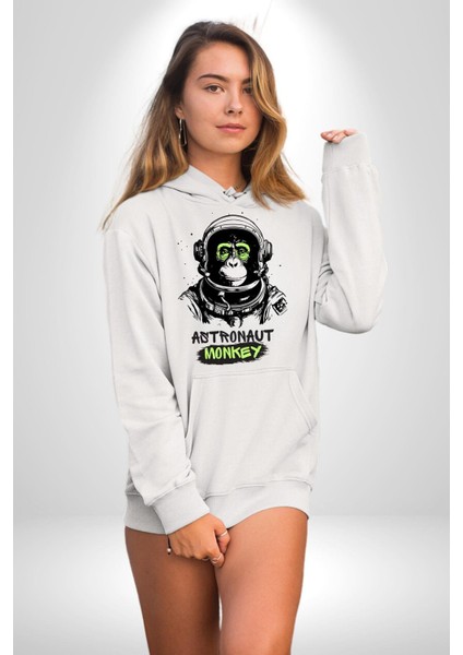 Astronot Maymun Uzay Avcısı Kadın Erkek Baskılı Üç Iplik Beyaz Kapüşonlu Hodie Sweatshirt indirimleri