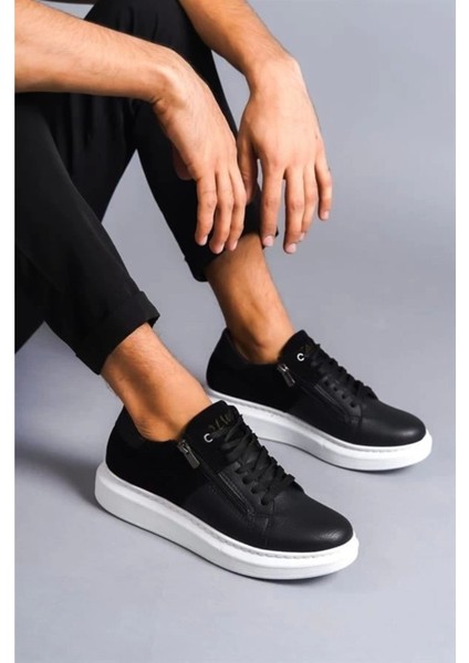 SLW155 Warrior Bağcıklı ve Fermuarlı Cilt Süet Erkek Günlük Sneaker Ayakkabı Bt Siyah