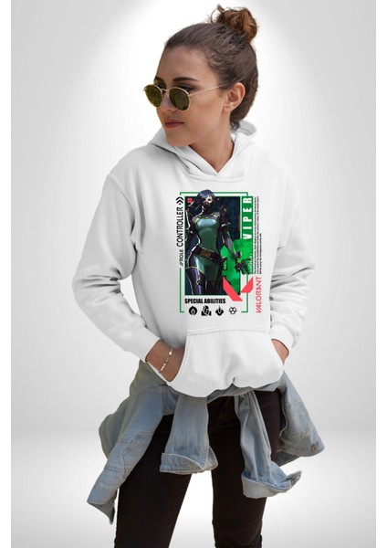 Viper Smoker Karakter Kadın Erkek Baskılı Üç Iplik Beyaz Kapüşonlu Hodie Sweatshirt