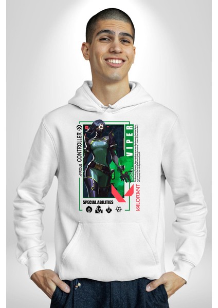 Viper Smoker Karakter Kadın Erkek Baskılı Üç Iplik Beyaz Kapüşonlu Hodie Sweatshirt modelleri