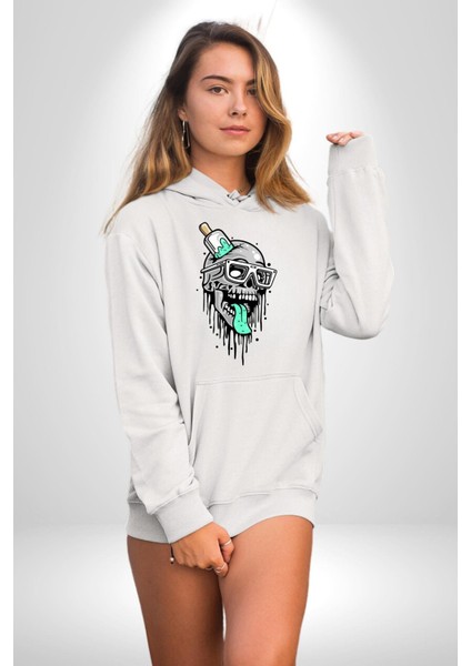 Dondurma Gözlüklü Kurukafa Dil Çıkarmış Kadın Erkek Baskılı Üç Iplik Beyaz Kapüşonlu Hodie Sweatshirt indirimleri