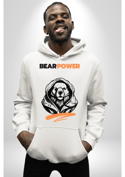 Ayı Gücü Havalı Ayı Kadın Erkek Baskılı Üç Iplik Beyaz Kapüşonlu Hodie Sweatshirt