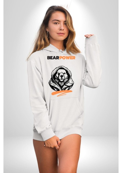 Ayı Gücü Havalı Ayı Kadın Erkek Baskılı Üç Iplik Beyaz Kapüşonlu Hodie Sweatshirt fiyatları