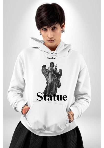 Yunan Heykeli Statue Kadın Erkek Baskılı Üç Iplik Beyaz Kapüşonlu Hodie Sweatshirt