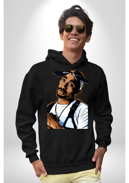 Tupac Rap Efsanesi Kadın Erkek Baskılı Üç Iplik Siyah Kapüşonlu Hodie Sweatshirt modelleri