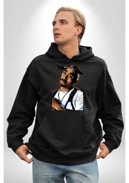 Tupac Rap Efsanesi Kadın Erkek Baskılı Üç Iplik Siyah Kapüşonlu Hodie Sweatshirt indirimleri