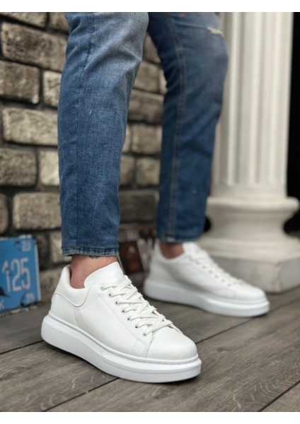 BA0547 Boa Kalın Yüksek Taban Beyaz Bağcıklı Spor Erkek Ayakkabı