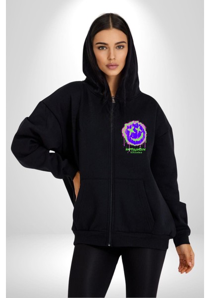 Mutlu Ulus Zehirlendi Sokak Tarzı Kadın Erkek Baskılı Fermuarlı Kapüşonlu Hırka Sweatshirt
