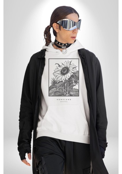 Ayçiçeği Vatan Retro Tasarım Kadın Erkek Baskılı Üç Iplik Beyaz Kapüşonlu Hodie Sweatshirt