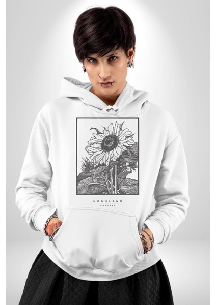 Ayçiçeği Vatan Retro Tasarım Kadın Erkek Baskılı Üç Iplik Beyaz Kapüşonlu Hodie Sweatshirt