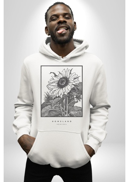 Ayçiçeği Vatan Retro Tasarım Kadın Erkek Baskılı Üç Iplik Beyaz Kapüşonlu Hodie Sweatshirt