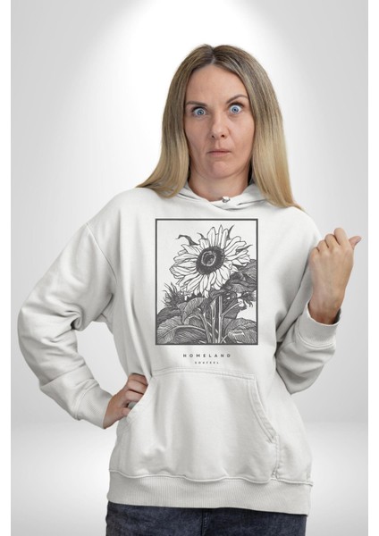 Ayçiçeği Vatan Retro Tasarım Kadın Erkek Baskılı Üç Iplik Beyaz Kapüşonlu Hodie Sweatshirt