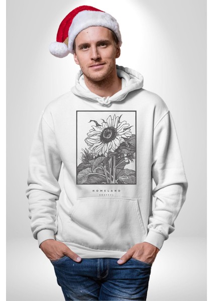 Ayçiçeği Vatan Retro Tasarım Kadın Erkek Baskılı Üç Iplik Beyaz Kapüşonlu Hodie Sweatshirt