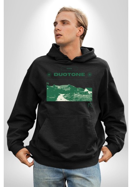 Çift Ayar Yeşil Tonları Köy Evleri Kadın Erkek Baskılı Üç Iplik Siyah Kapüşonlu Hodie Sweatshirt