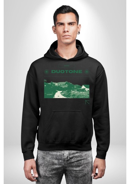 Çift Ayar Yeşil Tonları Köy Evleri Kadın Erkek Baskılı Üç Iplik Siyah Kapüşonlu Hodie Sweatshirt