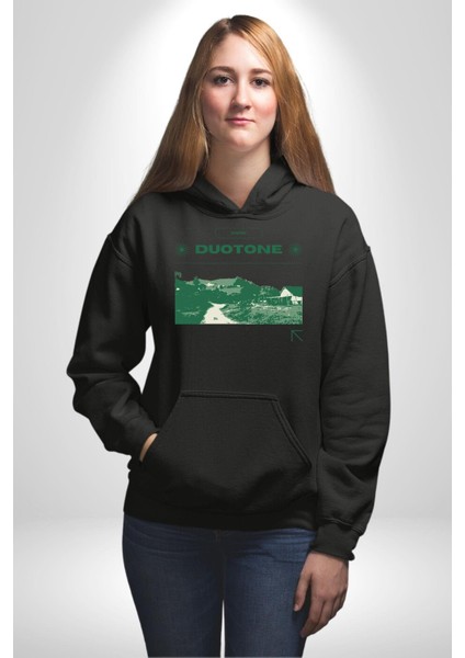Çift Ayar Yeşil Tonları Köy Evleri Kadın Erkek Baskılı Üç Iplik Siyah Kapüşonlu Hodie Sweatshirt