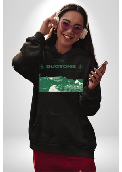 Çift Ayar Yeşil Tonları Köy Evleri Kadın Erkek Baskılı Üç Iplik Siyah Kapüşonlu Hodie Sweatshirt