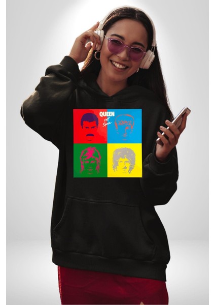 Queen Bohemian Rhapsody Efsane Rock Kadın Erkek Baskılı Üç Iplik Siyah Kapüşonlu Hodie Sweatshirt modelleri
