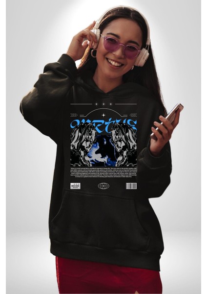 Uzay Karakteri Sokak Tarzı Kadın Erkek Baskılı Üç Iplik Siyah Kapüşonlu Hodie Sweatshirt indirimleri