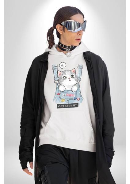 Yavru Kedi Her Yalnız Gün Kadın Erkek Baskılı Üç Iplik Beyaz Kapüşonlu Hodie Sweatshirt