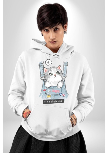 Yavru Kedi Her Yalnız Gün Kadın Erkek Baskılı Üç Iplik Beyaz Kapüşonlu Hodie Sweatshirt fiyatları
