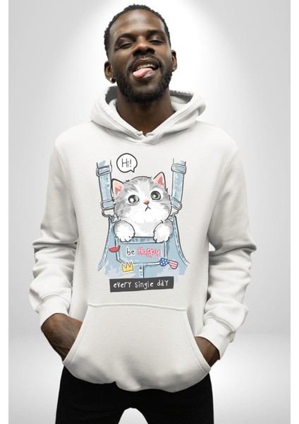 Yavru Kedi Her Yalnız Gün Kadın Erkek Baskılı Üç Iplik Beyaz Kapüşonlu Hodie Sweatshirt modelleri