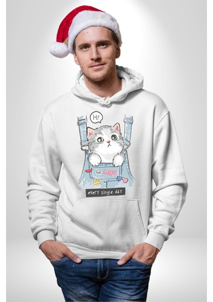 Yavru Kedi Her Yalnız Gün Kadın Erkek Baskılı Üç Iplik Beyaz Kapüşonlu Hodie Sweatshirt indirimleri