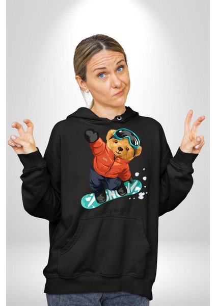 Kaykay Yapan Oyuncak Ayı Kadın Erkek Baskılı Üç Iplik Siyah Kapüşonlu Hodie Sweatshirt fiyatları