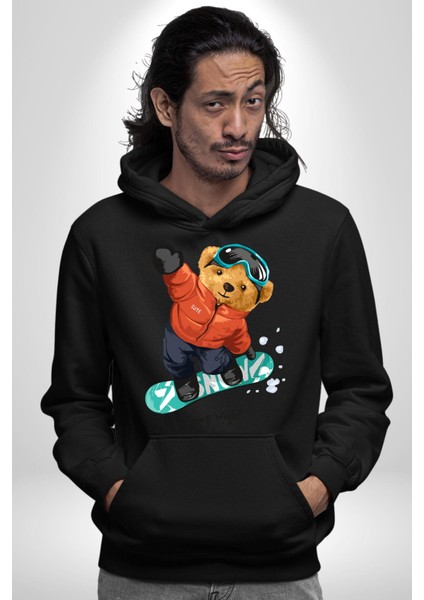 Kaykay Yapan Oyuncak Ayı Kadın Erkek Baskılı Üç Iplik Siyah Kapüşonlu Hodie Sweatshirt modelleri