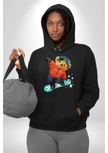 Kaykay Yapan Oyuncak Ayı Kadın Erkek Baskılı Üç Iplik Siyah Kapüşonlu Hodie Sweatshirt fırsatları