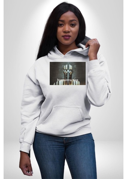 Yapı Bozun Techno Tarzı Kadın Erkek Baskılı Üç Iplik Beyaz Kapüşonlu Hodie Sweatshirt indirimleri