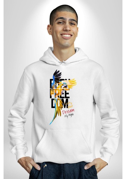 Doğuştan Özgürlük Papağan Yaz Stili Kadın Erkek Baskılı Üç Iplik Beyaz Kapüşonlu Hodie Sweatshirt