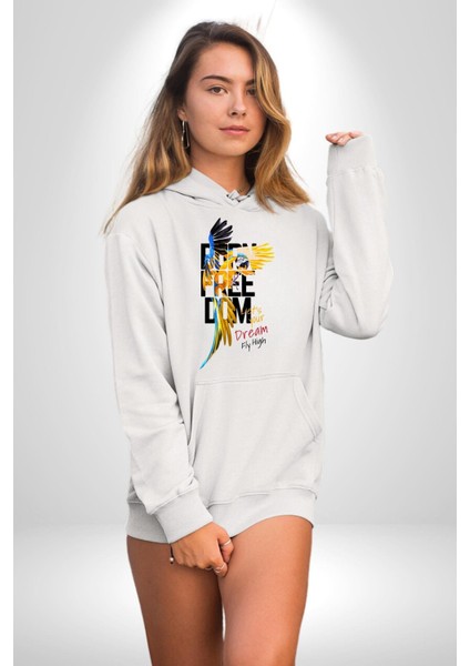 Doğuştan Özgürlük Papağan Yaz Stili Kadın Erkek Baskılı Üç Iplik Beyaz Kapüşonlu Hodie Sweatshirt fiyatları