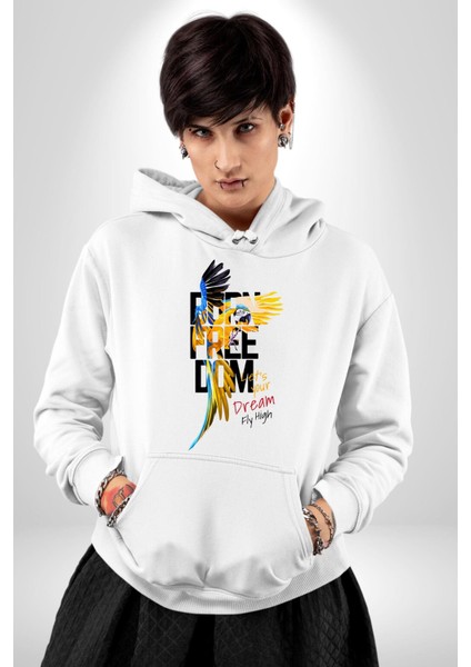 Doğuştan Özgürlük Papağan Yaz Stili Kadın Erkek Baskılı Üç Iplik Beyaz Kapüşonlu Hodie Sweatshirt fırsatları